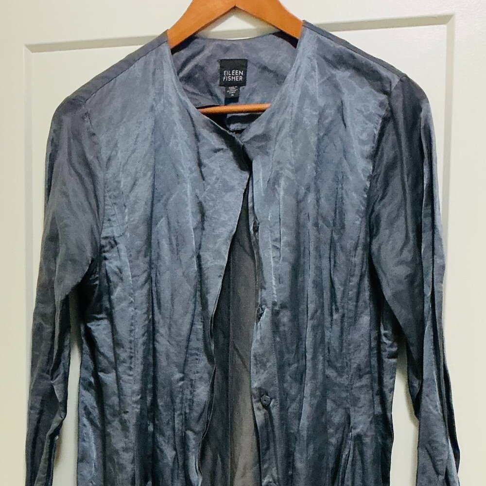 Eileen Fisher Gunmetal Silk Duster Jacket & Wide Leg Pants Set | Minimalist Luxe